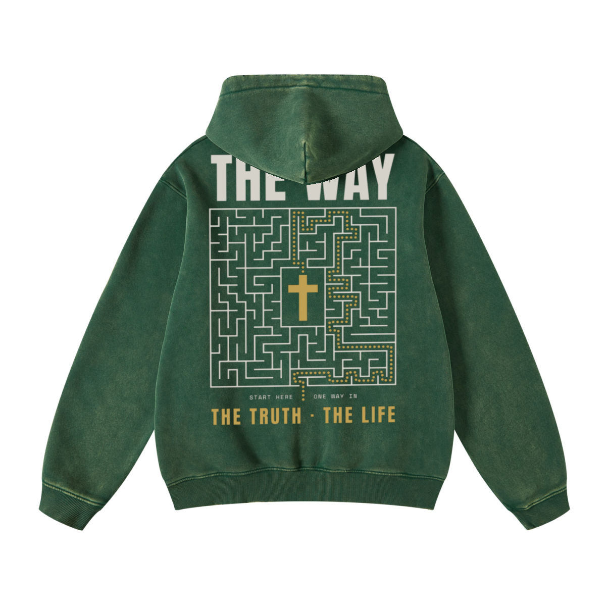 400GSM Unisex Heavyweight Distressed Snow-Wash Hoodie Moss Green