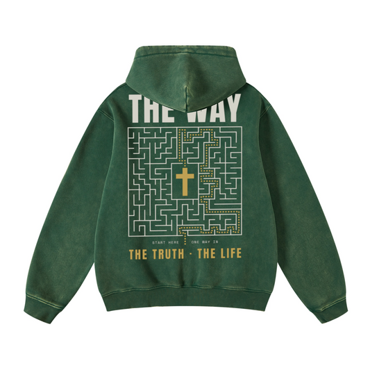 400GSM Unisex Heavyweight Distressed Snow-Wash Hoodie Moss Green