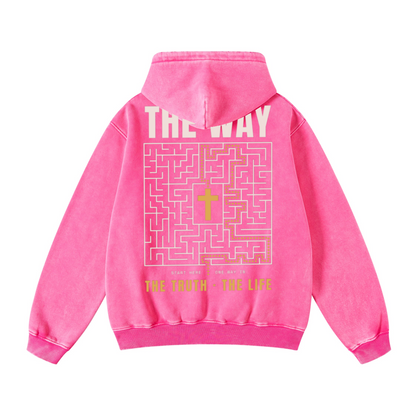 400GSM Unisex Heavyweight Distressed Snow-Wash Hoodie Rose Pink